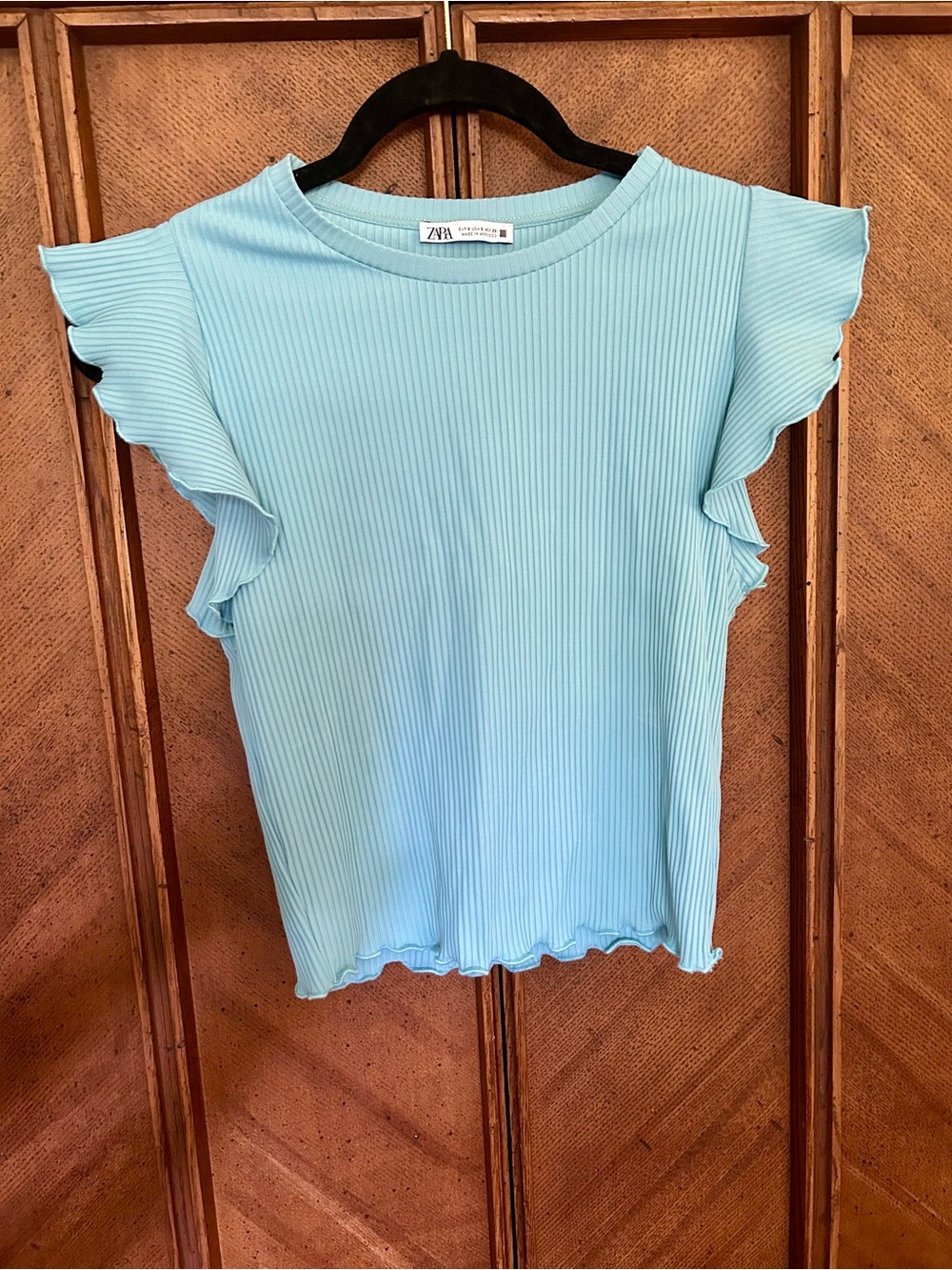 Zara Pastel Blue Ribbed Flutter Sleeve Tank